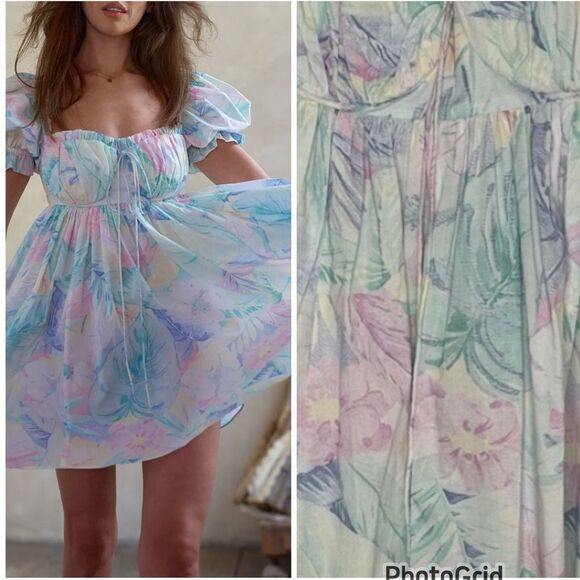 SELKIE The Parliament Floral Puff Sleeve Mini Dress Medium Pastel - Picture 14 of 14